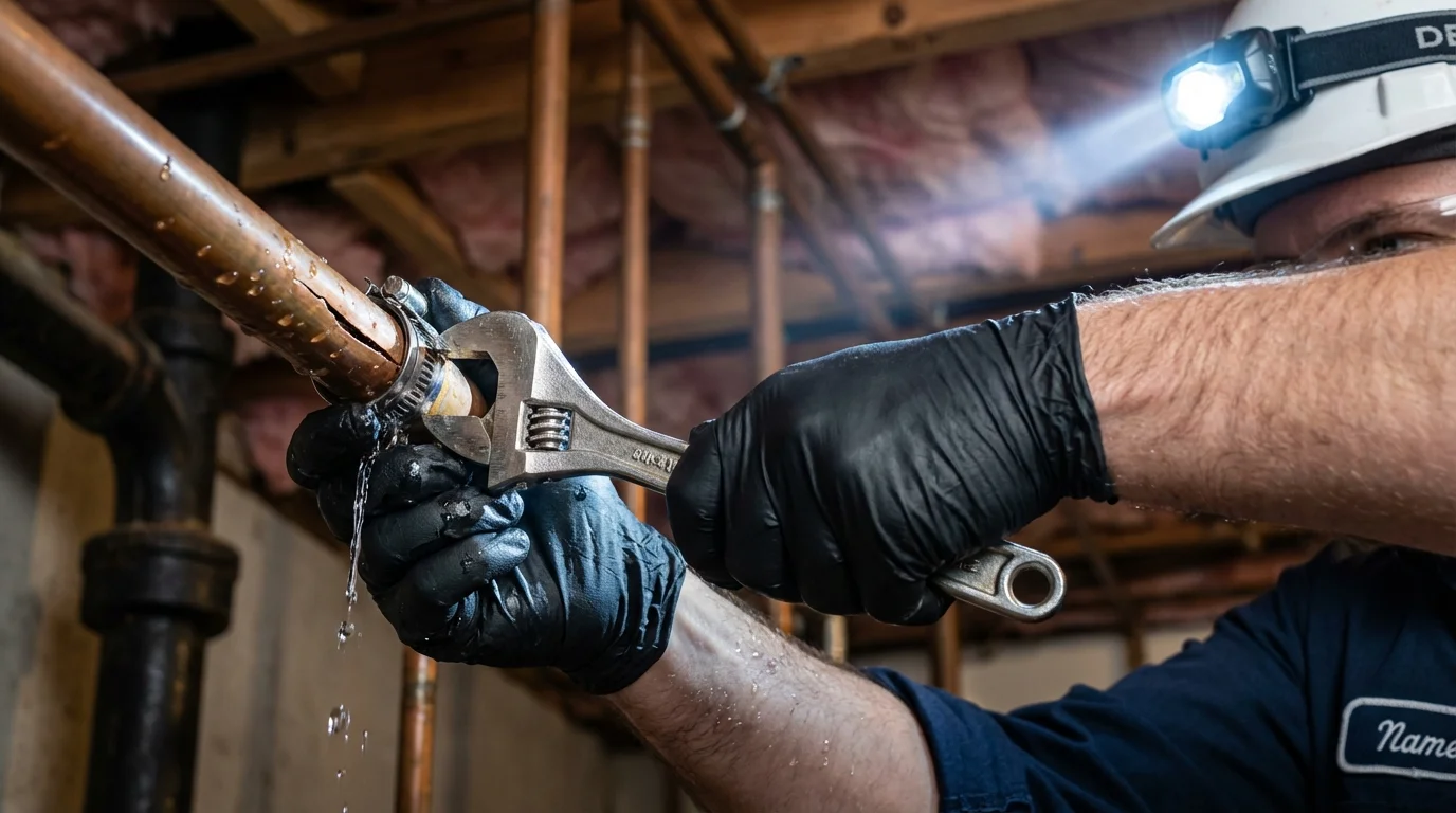 Emergency pipe clamp repair being performed by a Johns Plumbing LLC plumber in Bennettsville